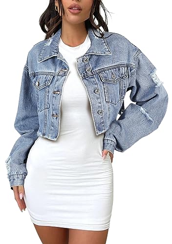andy & natalie Women's Cropped Jean Jacket Fashion Frayed Hem Denim Jacket Long Sleeve Dressy Button Down Outfit Jackets