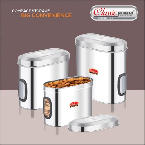 Image of Classic Steels Oval Stainless Steel Kitchen Storage Canisters with Transparent Window (1500 ml) | Airtight Food Containers for Pantry Organization | Mirror Finish, Rust-Proof, Dishwasher Safe