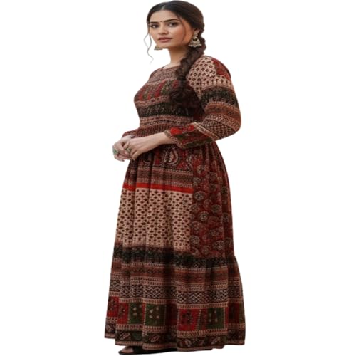 Image of Women's Cotton Dress Jaipuri Sanganeri Print Midi Long Dress Printed Fit and Flare Maxi Dress A-Line Gown Dress Maxi Skirt, Mandala (Free Size)