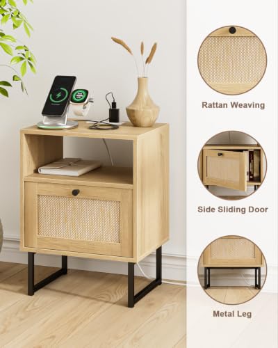 Image of Rattan Nightstand with Charging Station, Boho Night Stand Farmhouse Wood Bedside Table with Storage and Open Shelf, End Side Accent Table for Bedroom,Living Room,Oak