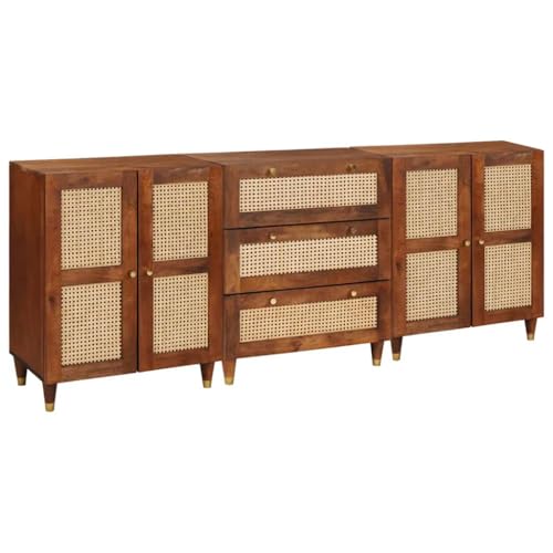LoogCape Juego de 3 aparadores marrón madera maciza mango 180 x 33 x 75 cm, 3 cajones, 7 compartimentos, cómoda para comedor, oficina, pasillo