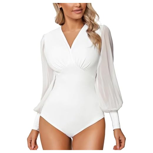 Litherday Damen Bodys Langarm Bodysuit für Damen Sexy Figurenformend Elegant Bodies Casual Langarmshirt Overall Blusenbody Top mit Durchsichtigen Laternenärmeln und V-Ausschnitt, Weiß, M
