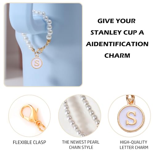 Image of Letter Charm for Stanley Cup,Pearl Chain Accessories Stanley Cup Initial Charms for Handle Stuff Decor Water Bottle Jewelry Tumbler Cute Simple Modern Personalized Name ID Decorations (S)
