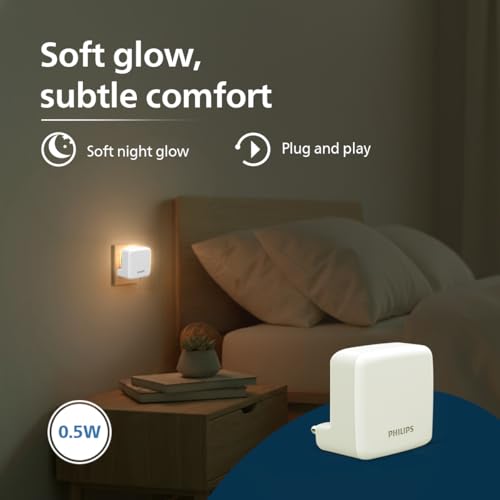Image of Philips LED SereneShine Plug-in Night Lamp 0.5W | Warm White LED Night Light | Soft Glare-Free Illumination | Energy Efficient | Ideal for Bedroom, Hallway & Kids Room | Pack of 10