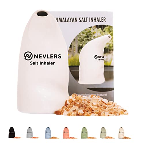 Nevlers White Himalayan Salt Inhaler for Lungs & Nose w/ 6 Oz Organic Coarse Himalayan Pink Salt | Portable Handheld Ceramic Salt Air Inhaler | Homeopathic Natural Salt Inhaler for Asthma for Adults