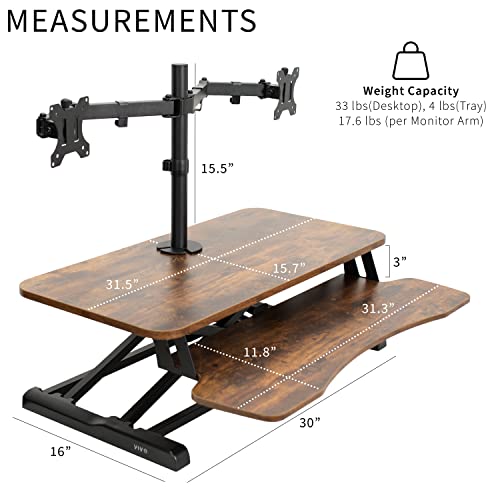 Image of VIVO Height Adjustable 32 inch Standing Desk Converter with Dual 13 to 30 inch Monitor Stand, Sit Stand Monitor Mount and Desk Riser, Vintage Brown Top, Black Frame, DESK-V000KN-M2