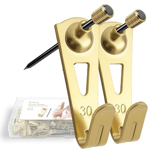 Image of Picture Hangers, Extra Thick, 30 lb, for Decorative Drywall & Plaster Walls - Small Nails for Painting, Frame Hooks to Hang for Hanging, 80 pcs, Gold