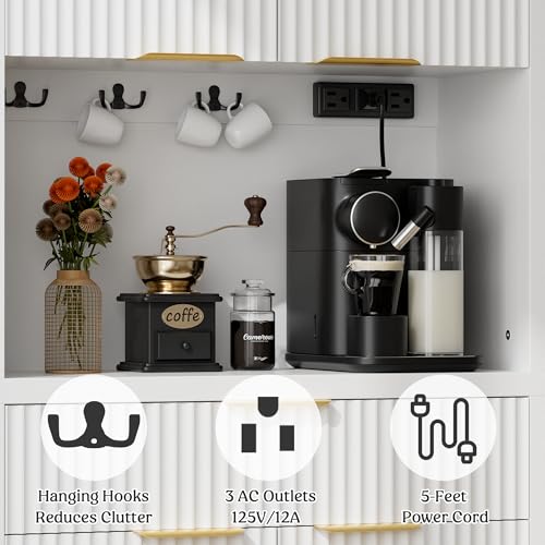 Image of Lulive White Fluted Pantry Cabinet with Charging Station, Adjustable Shelves, Spacious Kitchen Storage Organizer with Open Countertop, Kitchen Hutch with Storage Drawers for Dining & Living Room | Adjustable Shelves, Open Countertop, Drawer, Spacious Kitchen Storage