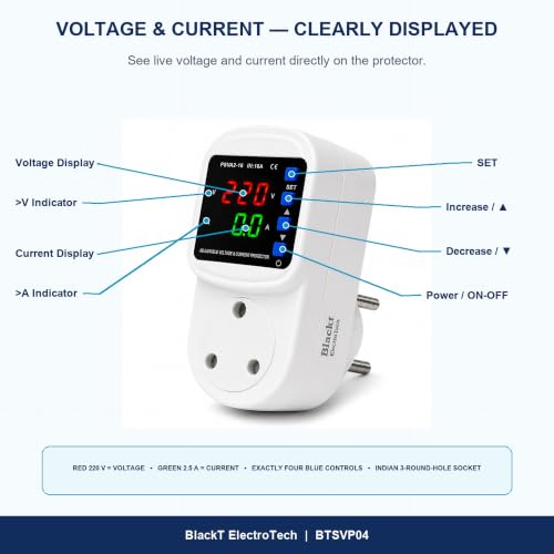 BlackT ElectroTech BTSVP04 16A 3 PIN Adjustable Voltage Protector Socket, Over/Under Voltage & Overcurrent Cut-Off, Digital V/A Display with Auto Recovery, White - Image 5