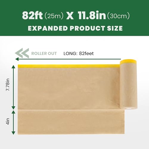 Image of Voomey Pre-Taped Masking Paper for Painting - 12 inch x 82 feet Tape and Drape Painters Paper, Paint Adhesive Protective Paper Roll for Covering Skirting, Frames, Cars and DIY Projects
