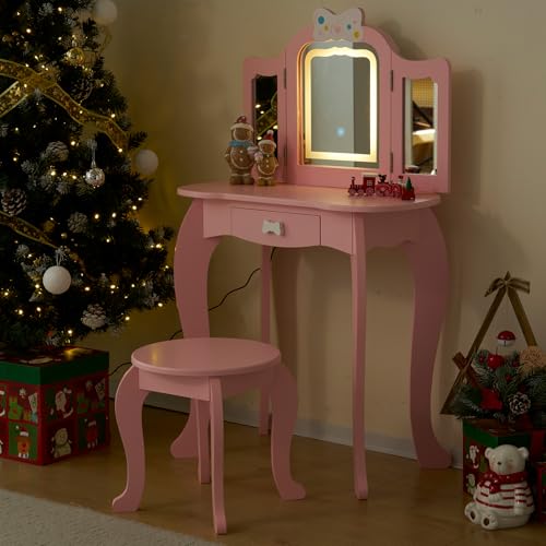 Image of Vanity Set,ShyneeMakeup Dressing Vanity Set Wooden Princess Makeup Table with Cushioned Stool,Drawer,Wooden Legs and Mirror, Make Up Dressing Play Set for Girls (Pink Bow)