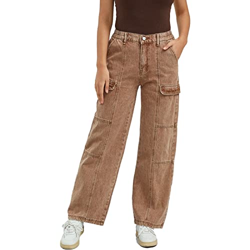 Women's High Waist Straight Wide Leg Y2K Streetwear Cargo Pants Baggy Boyfriend Loose Fit Jeans with Flag Pocket