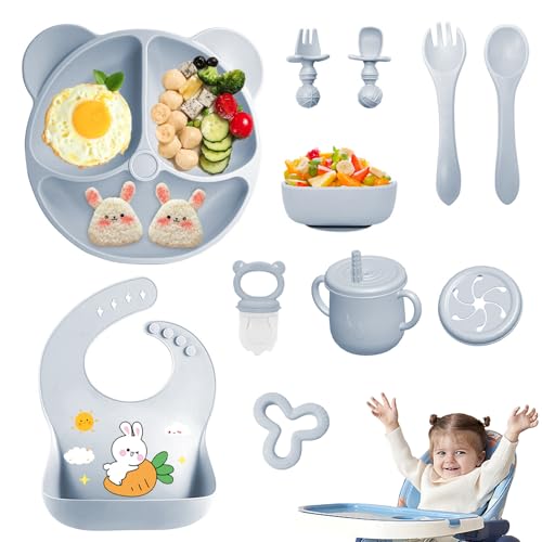 Vajilla Bebe Silicona, 11 Piezas Vajilla de Silicona para Bebés Antideslizante, Cubiertos Bebe para Comer Destete, Con Babero Taza Plato Cuenco, Juegos de Vajilla Bebe, Sin BPA (Gris)