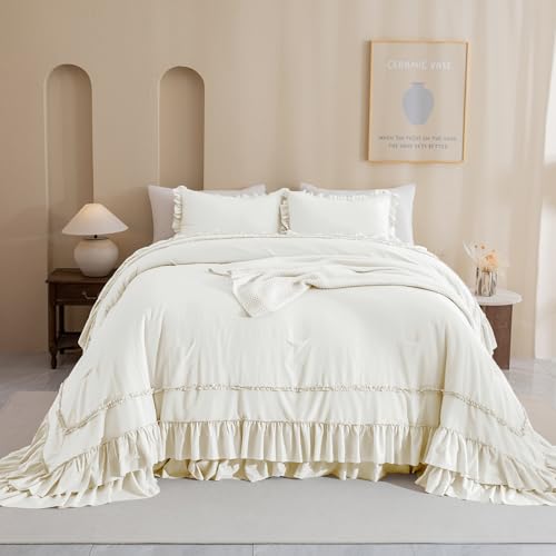 Image of QSH Ivory Ruffled Oversized King Comforter 120x120,3PCs Farmhouse Shabby French Country Chic Ruffle Bed Comforter Set Lightweight Boho California King Comforter Ultra Soft Microfiber Fluffy Bedding
