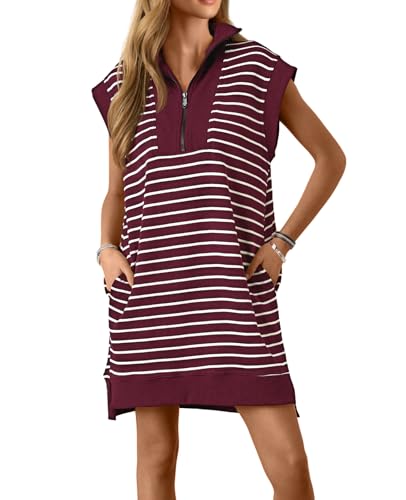 Image of Wenrine Womens Striped Mini Dress Casual Zipper Cap Sleeve Collared V Neck Loose Knit Summer Dresses