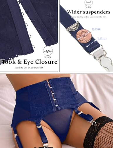 ohyeah Plus Size High Waist Garter Belt Set Lace Mesh Suspender Belt with 6 Vintage Metal Clip for Thigh Highs Stockings Blue Garter Lingerie 3XL-4XL