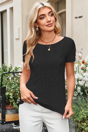 Image of Cakulo Womens Cable Knit Off The Shoulder Sweaters Tops Short Sleeve Crew Neck Pullover Sweater 2025 Black S