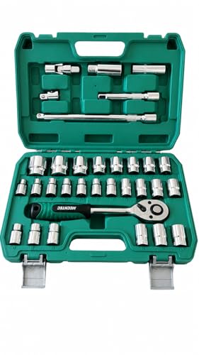 Image of 32 Piece Socket Set, 1 /2 inch Drive, Chrome Vanadium Steel, with Ratchet Handle, Hex (6PT) & Bihex(12pt) Sockets,universal joint,t bar, Extension Bars, in Blow Moulded Case