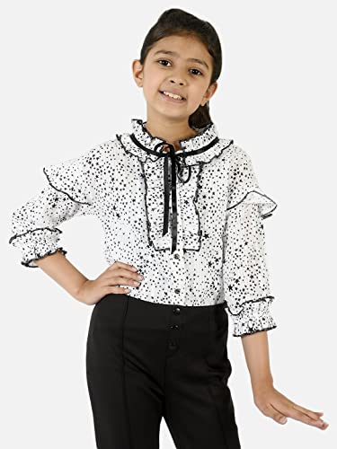 Image of Natilene Black & White Star Print Ruffled Top with Tie-Up for Girls