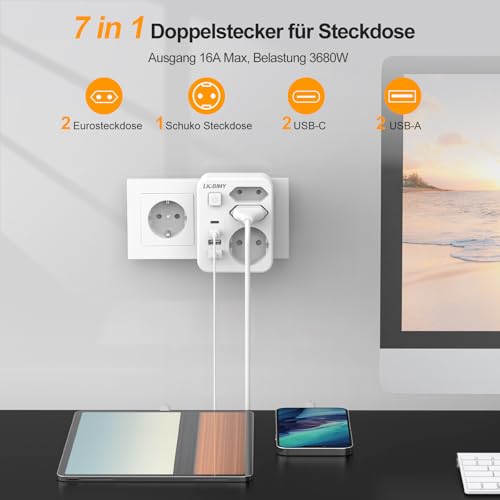 Doppelstecker für Steckdose mit 4 USB, 7 in 1 Steckdosenleiste 3 Fach Mehrfachsteckdose mit Schalter 3680W 16A Steckdosenadapter, Mehrfachstecker USB C Steckdosenverteiler für Büro Hause, Weiß 2