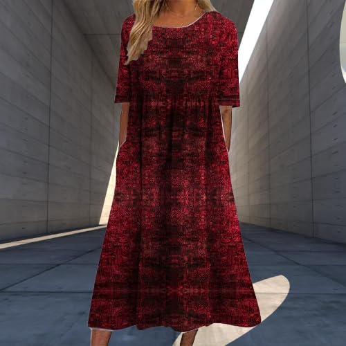 Summer Boho Dress Floral Print Short Sleeve Crewneck Casual Fashion High Waist Dresses with Pockets - Image 2