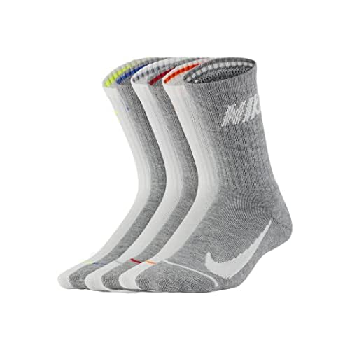 Nike Boy`s Cushioned Crew Socks 6 Pack (Grey(BN0509-001)/White/Grey, 5-7(Kids 10C-3Y))
