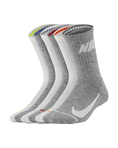Nike Boy`s Cushioned Crew Socks 6 Pack (Grey(BN0509-001)/White/Grey, 5-7(Kids 10C-3Y))