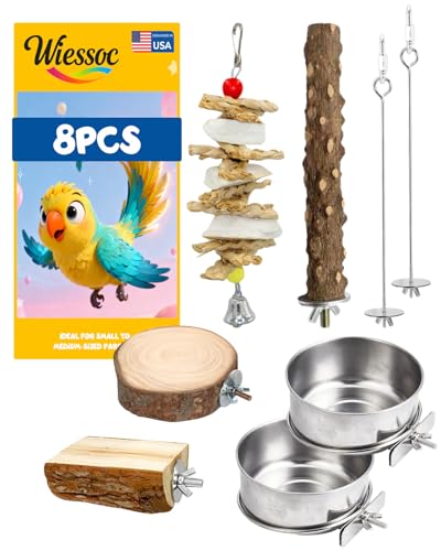 wiessoc 8 Pcs Parrot Toys Bird Toy Natural Wood Chew Toys with Rope Perch, Bell, Foraging Swing &...