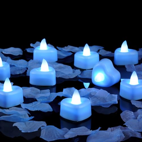 Image of Amagic 1000 Pieces Light Blue Artificial Rose Petals with 12 Light Blue LED Tea Lights, Rose Petals and Candles Set for Proposal, Anniversary, Romantic Night, Wedding Decor