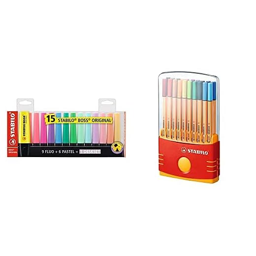 Rotulador punta fina STABILO point 88 - Estuche premium Colorparade con 20 + BOSS Original - Set de mesa con 9 fluorescentes y 6 pastel
