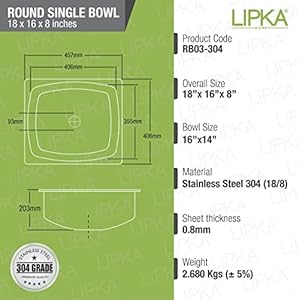LIPKA 304-Grade Stainless Steel – Round Single Bowl Kitchen Sink (20”x17”x8”) | Glossy Finish with Waste Pipe & Sink Coupling