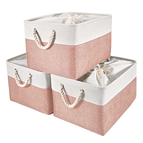 Image of HOdo Home Storage Bins, Fabric Bin with Drawstring Closure and 2 Bold Handles, Collapsible Large Canvas Baskets for Organizing Shelf Nursery Home Closet (15.8×11.8×9.5 In/3-Pack, White and Pink)