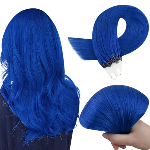 RUNATURE Real Micro Beads Human Hair Extensions Blue Natural Microlink Hair Extensions Human Hair Long Colored Micro Loop Remy Hair Extensions Straight 18 Inch 25g 25 Strands