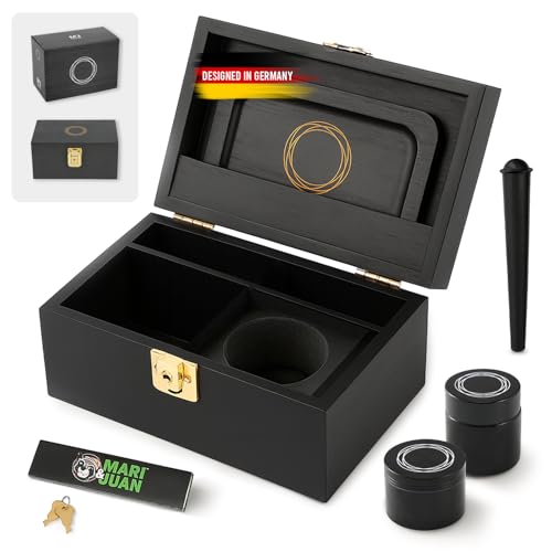 Mari & Juan Coffret Grinder en bois de bambou I Boîte de rangement étanche aux odeurs avec grinder, plateau à rouler, feuilles à rouler et bocal de...
