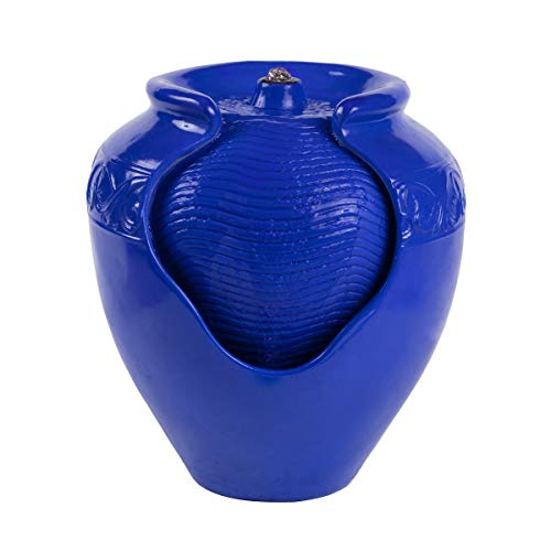Jar Water Fountain – Indoor or Outdoor Ceramic-Look Glazed Pot Resin Water Feature with Electric Pump and LED Lights by Pure Garden (Cobalt Blue)