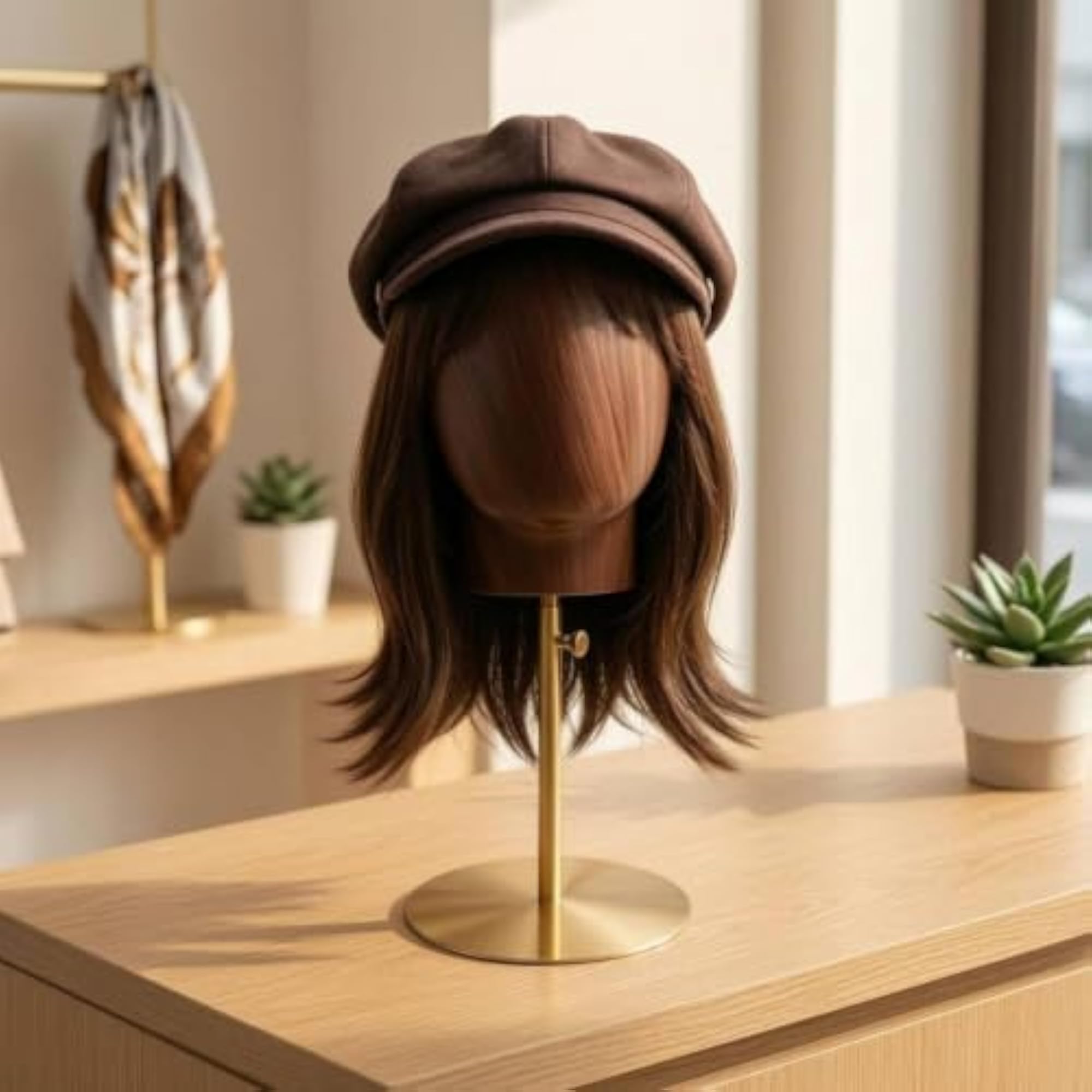 Wood-Grain Freestanding Hairpiece Display Stand, Adjustable