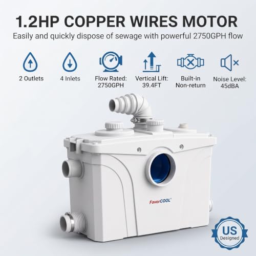 Image of 1.2HP Macerator Sewage Pump with Copper Motor & Smart Chip. Max 39.4ft Lift, 2750GPH Flow. 440C SS Cutter, 4 Inlets /2 Outlets. Quiet, Heat Resistant to 194F. Perfect for Toilets & Basements.