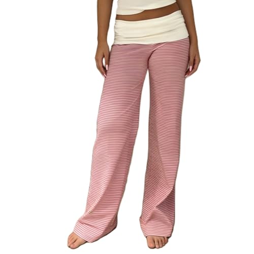 FOMOYUU Womens Fold Over Lounge Pants Low Rise Wide Leg Yoga Sweatpants Stretchy Bell Bottoms Leggings Roll Over Pants (White+Pink S)