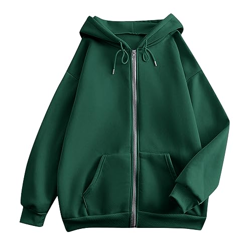 Hoodies for Women Zip Up Tops for Women Zip Up Hooded Sweatshirt Ladies Solid Color Long Sleeve Casual Loose Lightweight Jacket wih Pockets Medium 01-Dark Green