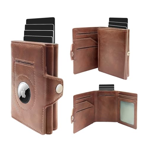 Wallet with Airtag Holder, Pop Up Card Holder and Cash Slot — Leather, Compatible with Apple Air Tag, RFID Blocking, Tri-fold Mens Wallet, Gift for Men (Brown)