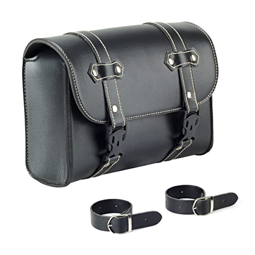 Motorcycle Handlebar Tool Bag, King Showden Black Leather Front Fork Saddlebag Storage Sissy Bar Pouch Universal Travel Accessory Pouch with 2 Straps