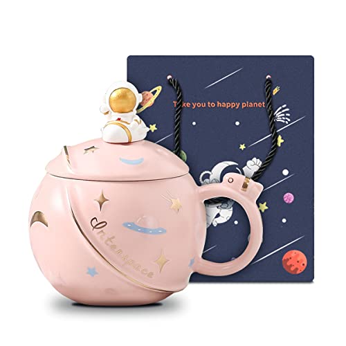 Funny Gift Mugs for Woman 450ml/15oz Cute Astronaut Mug with Lid and Spoon, Kawaii Cup Novelty Mug for Coffee Tea and Milk