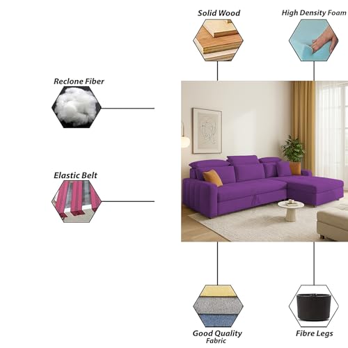 Image of Casaliving Gagnon RHS 4 Seater L Shape Corner Sofa Cum Bed for Living Room (Purple Fabric) Premium Fabric Sofa