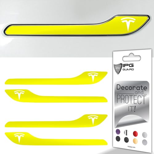 Image of IPG Compatible for Model 3 / Model Y /Juniper Door Handle Decal Sticker Wrap Kit (Set of 4) with Tesla Logo Personalize Your Tesla (Neon Series - Yellow)