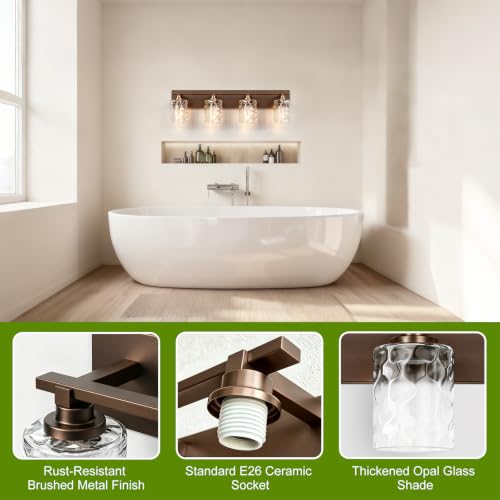 Image of Bathroom Light Fixtures,4-Light Oil Rubbed Bronze Vanity Lights Over Mirror | Modern Wall Light,Clear Ripple Glass Shade,Sturdy Metal Frame,For Bathroom Remodel,Easy Install,E26 Socket,ETL-Listed 28-inch