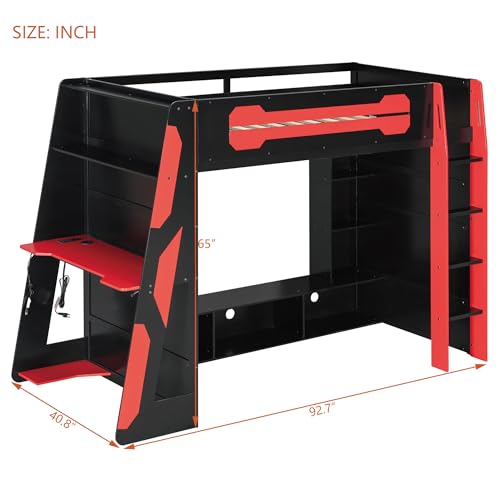 Image of Harper & Bright Designs Twin Size Wood Loft Bed with Desk and Multi-Storage Shelves, Wooden Gaming Loft Bed Frame with RGB Light, Space-Saving Bed with Safety Guardrail, Red