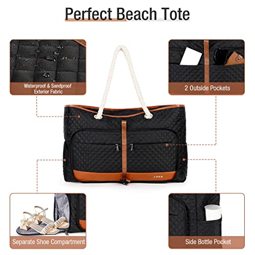 Lekebobor Large Beach Bag Foldable Overnight Bag For Women Waterproof Travel Bag With Zip Rope Handles Travel Tote For Women, Quilted Black #TOP5