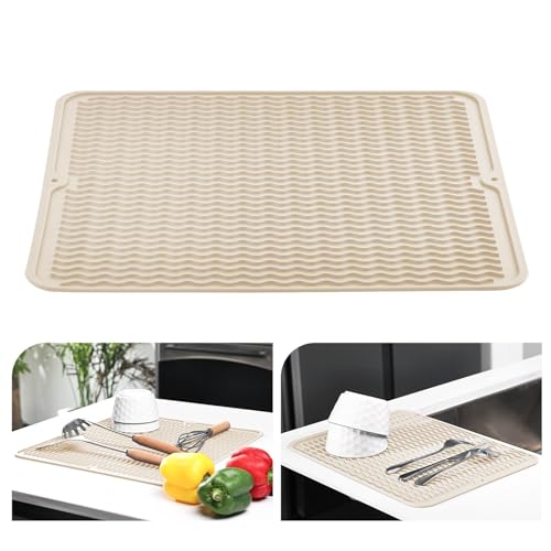 KitchenRaku Alfombrilla de goteo de 40 x 45 cm, vajilla de silicona resistente al calor, antideslizante, alfombrilla para fregadero, alfombrilla escurridora, mantel individual (beige)