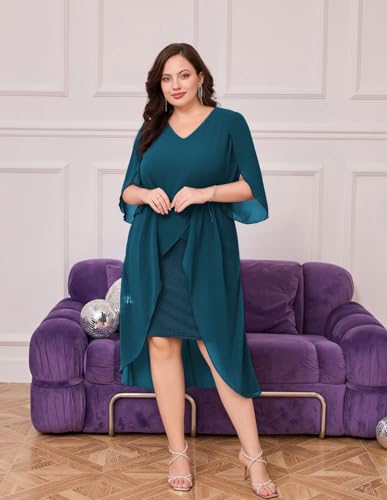 Image of Hanna Nikole Womens Plus Size Chiffon Cocktail Dress Ruffle 3 /4 Sleeve Wedding Guest Party Dresses with High Low Hem