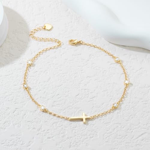 Gold Anklets for Women Ankle Bracelets for Women 14K Gold Anklets Bracelets for Womens Golden Anklet Cross Ankle Bracelet Spaced Evenly Cubic Zirconia Cross Anklet Bracelet for Womens Ankles4